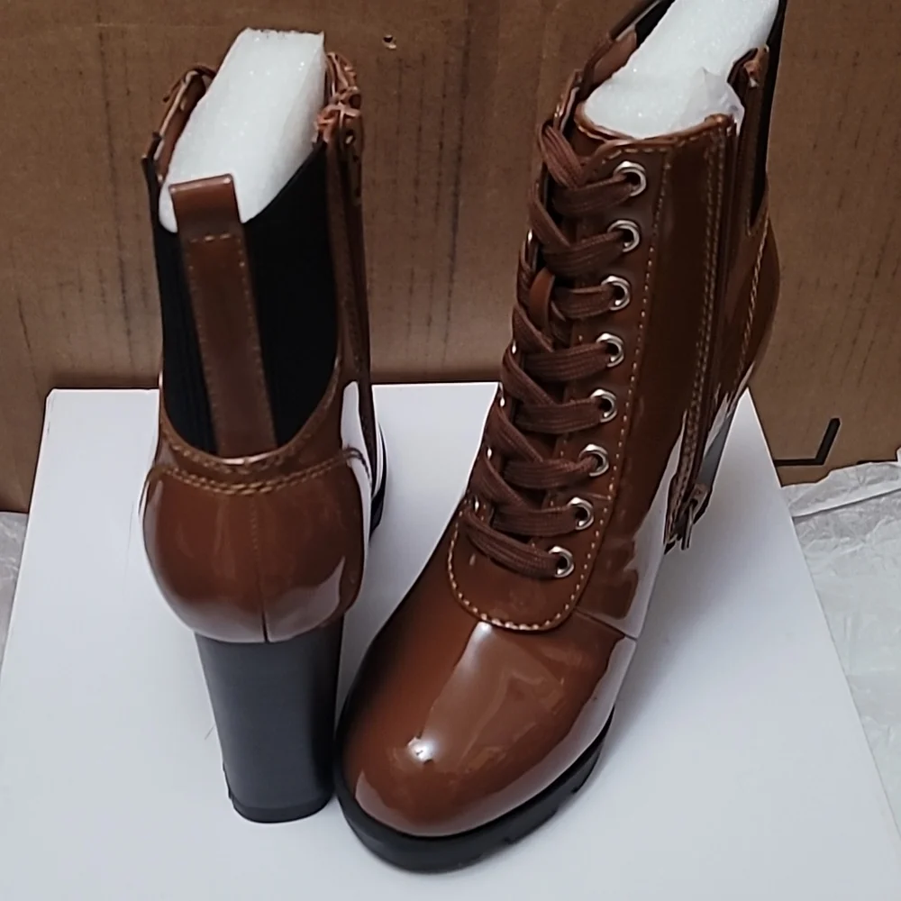 Cognac Boots Zip Up Chunky heel Size 6M Women's New - Picture 5 of 7